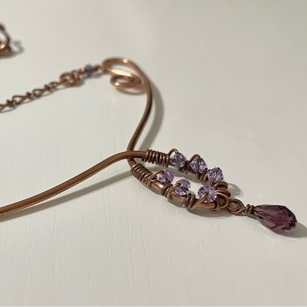 Copper Scroll Necklace Beaded Plum and Lilac Crystals Elegant Rustic‎ Handmade - Picture 13 of 14